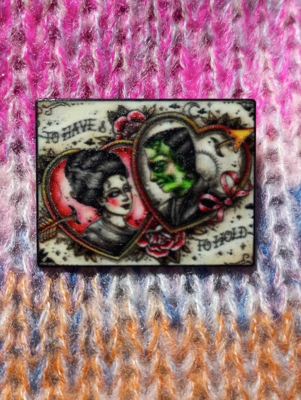 Frankenstein Monster Bride Rockabilly Tattoo Flash Metal Lapel Pin Heart Love